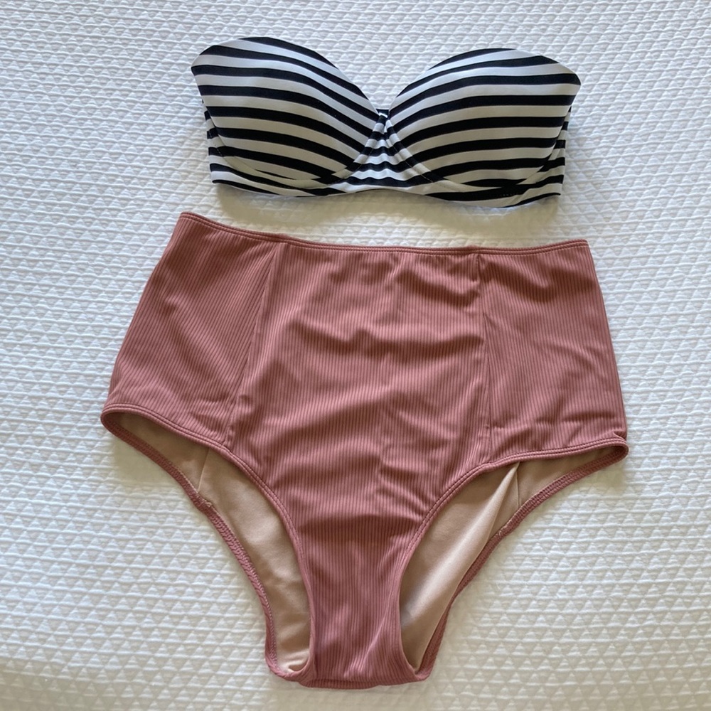 Kortni Jeane High Waisted/High leg Swim Bottom and Mikoh Striped Bandeau Top